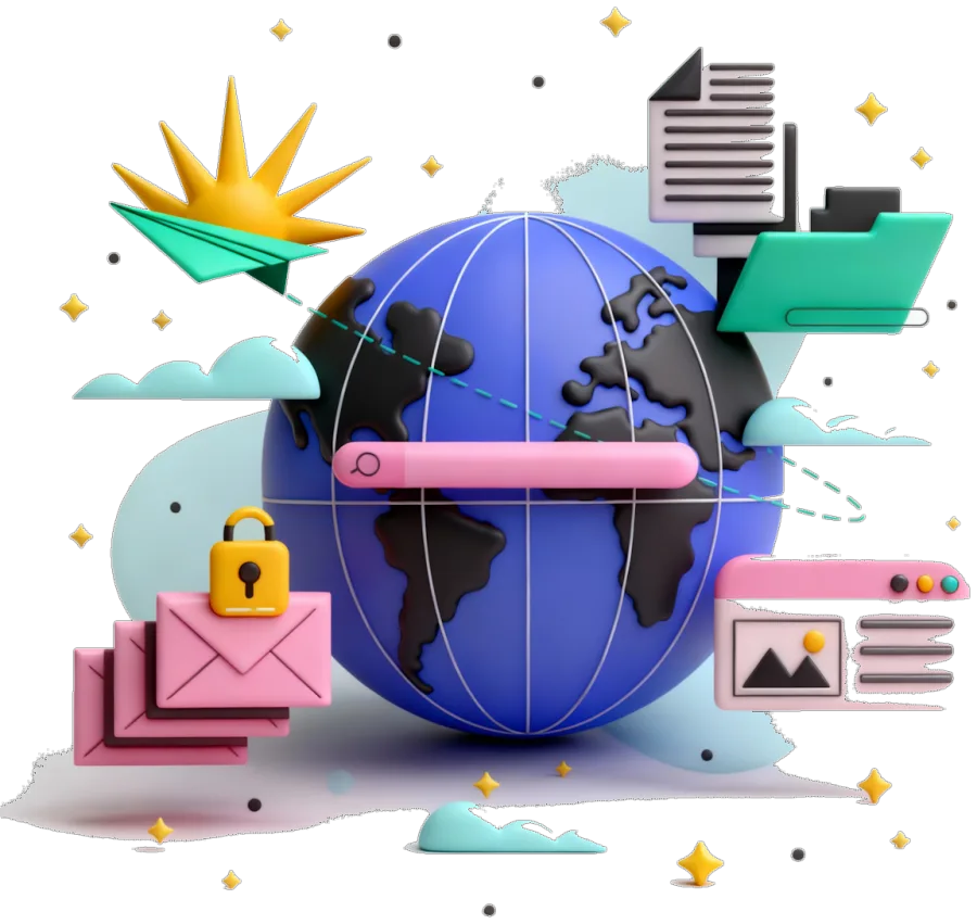 A globe surrounded by email, files and a search bar